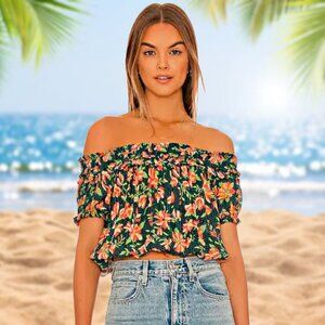 Free People Off Shoulder Crop Top Floral Blouse Suki Garden Combo Smocked XS NWT
